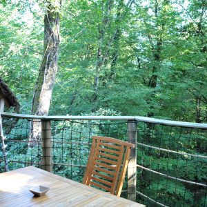 Cabane dans les arbres en Nouvelle-Aquitaine, avec vue sur la forêt verdoyante.
