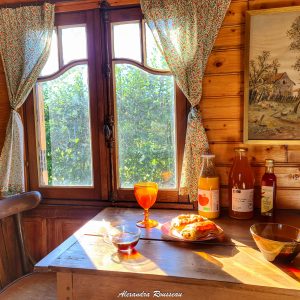 Hébergement insolite en bois avec vue sur la nature et une table accueillante.