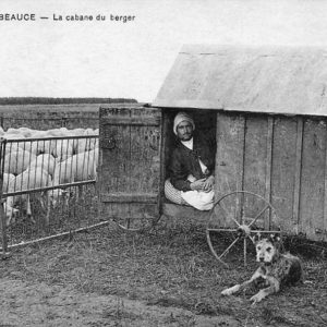 Cabane de berger en Beauce, avec un homme assis et un chien devant.