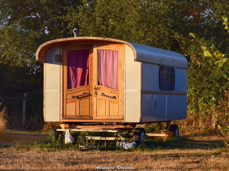Charmante roulotte avec portes en bois, nichée dans un cadre naturel verdoyant.