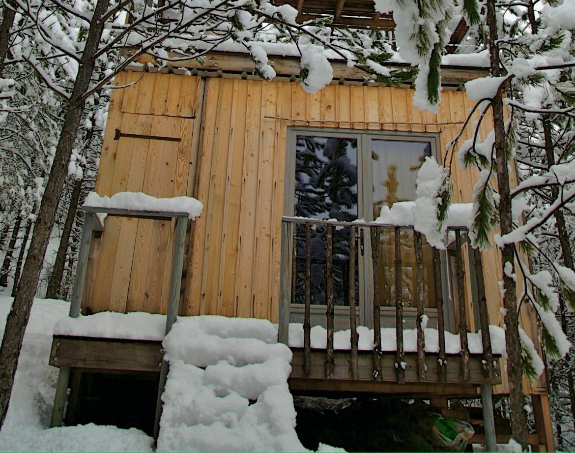 Cabane en bois perchée, entourée de neige et de sapins en Provence-Alpes-Côte dAzur.