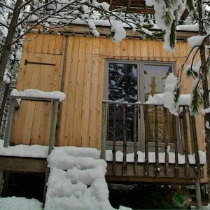Cabane en bois perchée, entourée de neige et de sapins en Provence-Alpes-Côte dAzur.