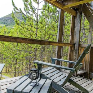Cabane perchée en bois avec terrasse, vue sur la forêt verdoyante en Provence-Alpes-Côte dAzur.