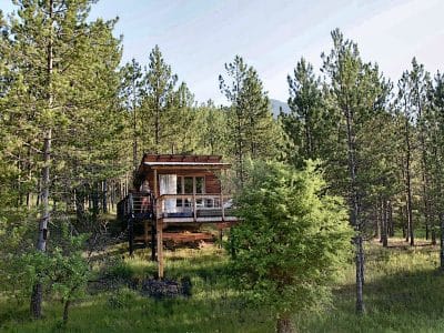 Cabane perchée en bois, entourée de pins, offrant une vue imprenable sur la nature.