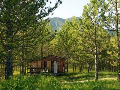 Cabane en bois nichée parmi les pins, avec vue sur les montagnes environnantes.