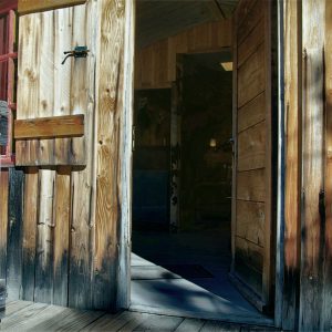 Cabane en bois ouverte, avec des portes rustiques et des fenêtres colorées.