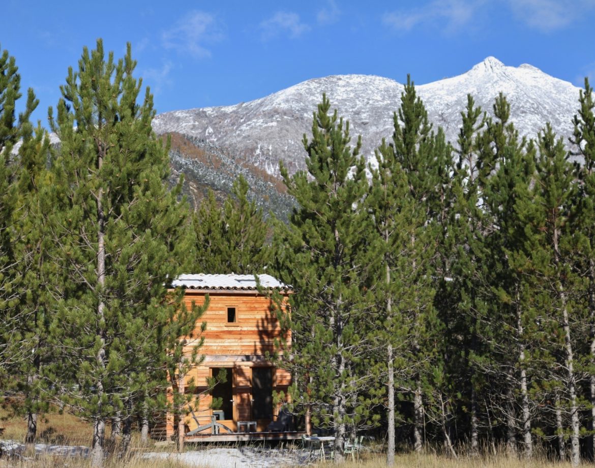 Cabane en bois nichée parmi les pins, avec montagnes enneigées en arrière-plan.
