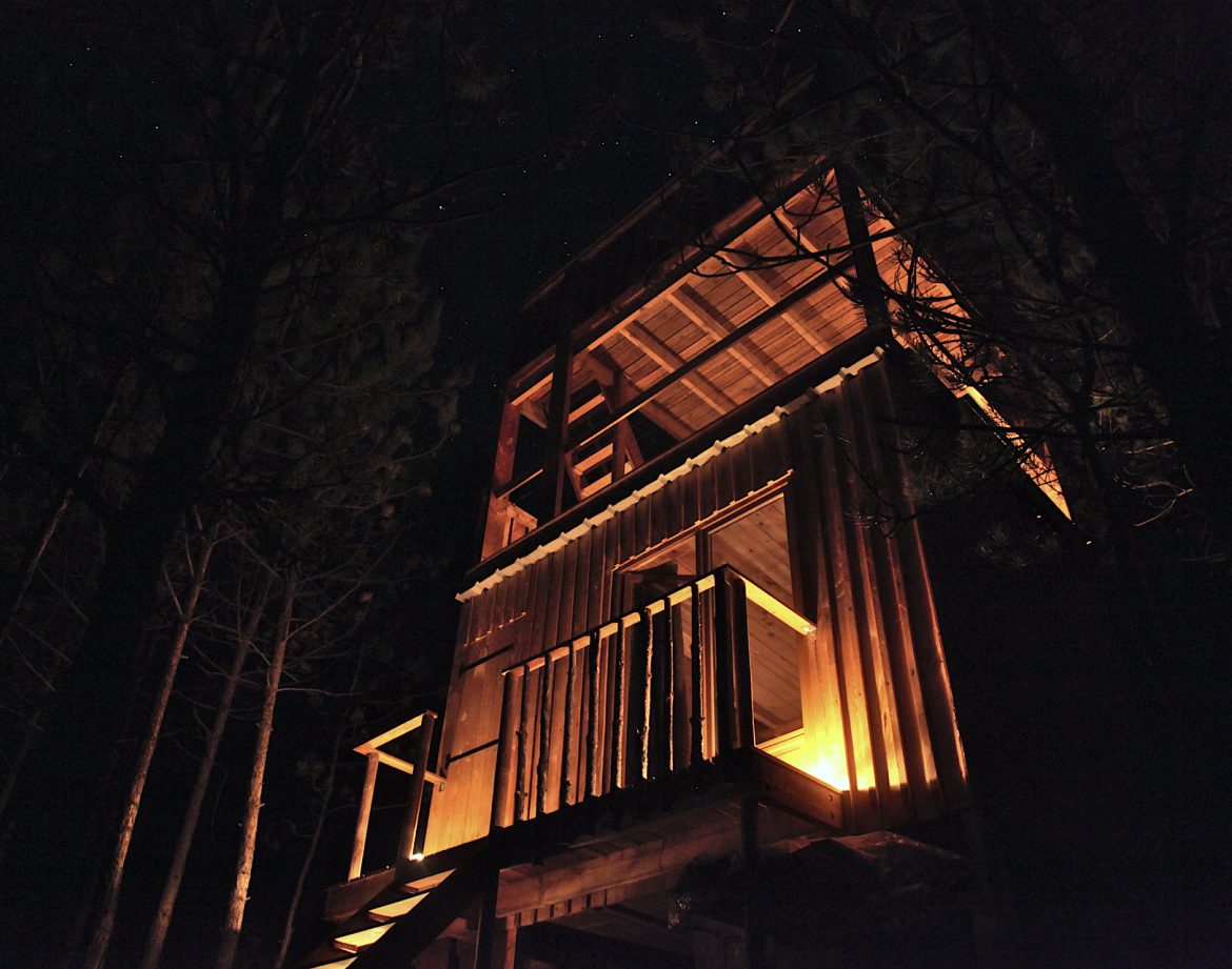 Cabane perchée illuminée dans les arbres, offrant une vue nocturne magique.
