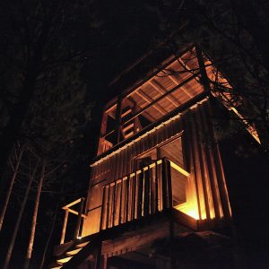 Cabane perchée illuminée dans les arbres, offrant une vue nocturne magique.