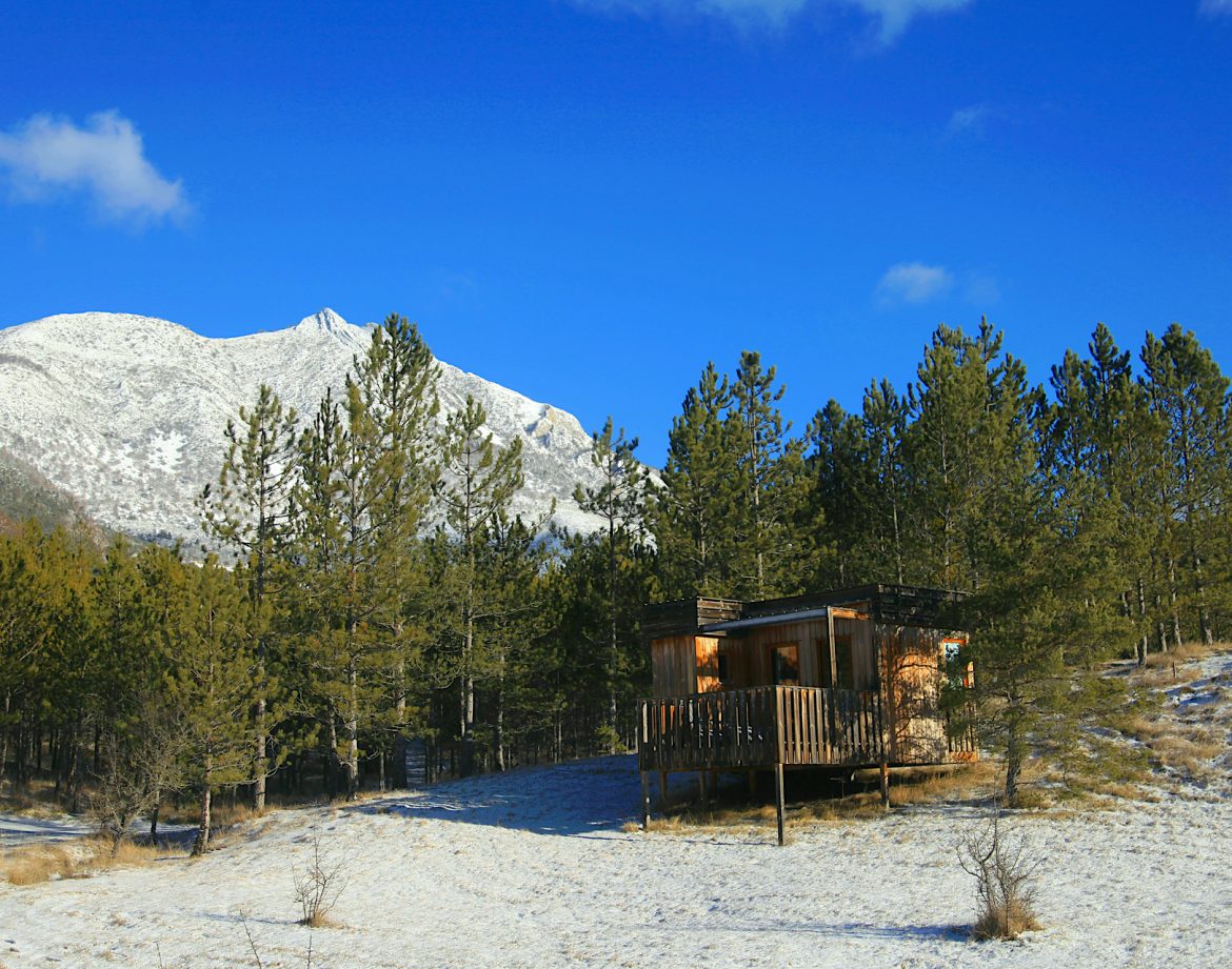 Cabane perchée en bois, entourée de sapins et face à des montagnes enneigées.