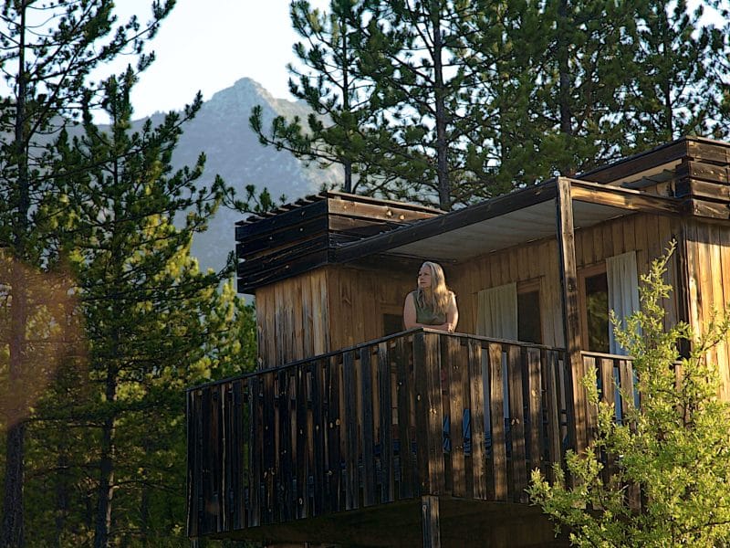 Cabane perchée en bois avec balcon, entourée de pins et vue sur les montagnes.