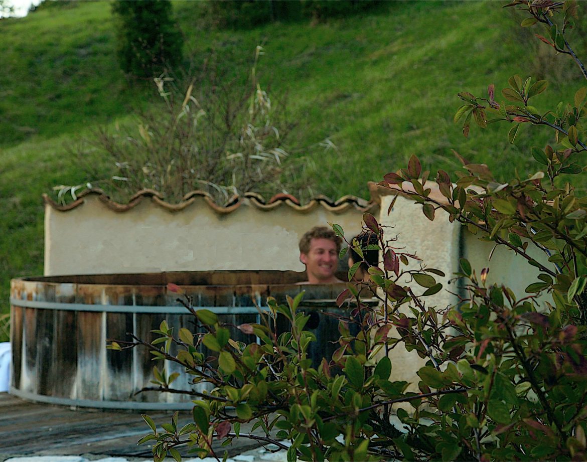 Hébergement insolite en Provence-Alpes-Côte dAzur avec un jacuzzi en bois entouré de verdure.