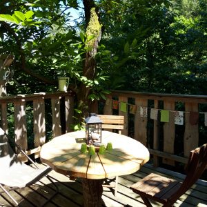 Cabane perchée en bois dans les arbres, avec une table ronde et des chaises.