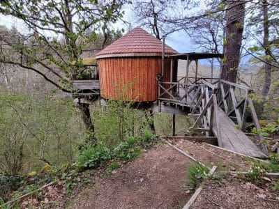 Cabane perchée en bois dans les arbres, entourée de verdure au Limousin.