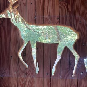 Hébergement insolite en bois avec une silhouette de cerf découpée dans le mur.