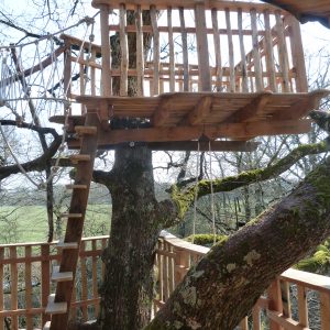 Cabane dans les arbres avec terrasse en bois, nichée dans la verdure.