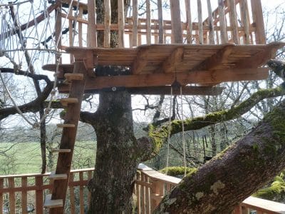 Cabane dans les arbres avec terrasse en bois, nichée dans la verdure.