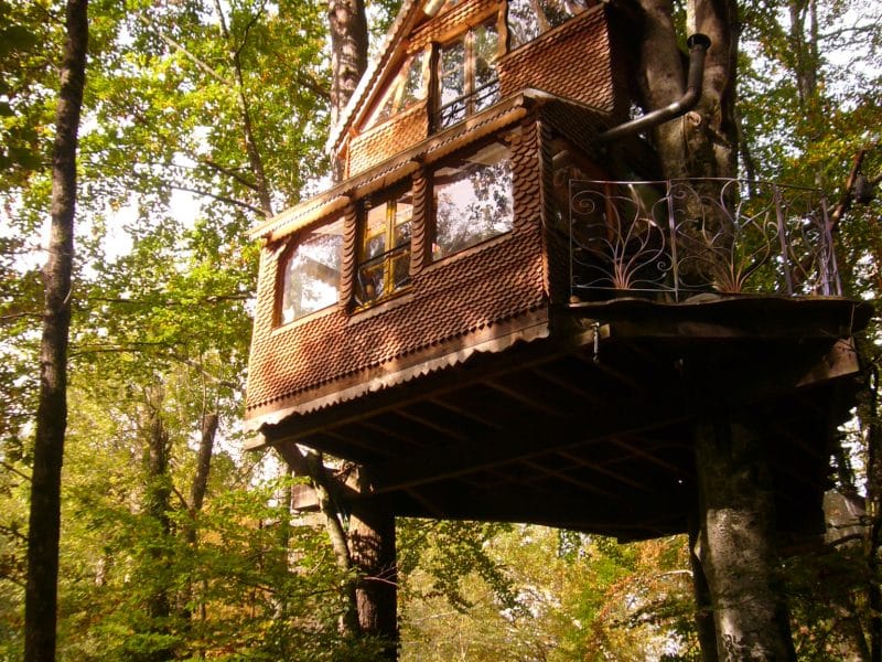 Cabane perchée dans les arbres, entourée de verdure, avec balcon en bois.