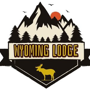 Logo du Wyoming Lodge en Auvergne-Rhône-Alpes, avec montagnes et un élan stylisé.