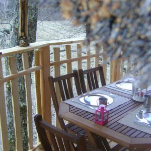 Cabane perchée avec terrasse en bois et table élégamment dressée.