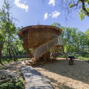 Cabane perchée en bois, entourée darbres verdoyants et dun chemin en bois.