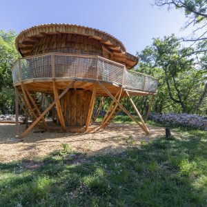 Cabane perchée en bois, entourée de verdure, avec une terrasse en bois spacieux.