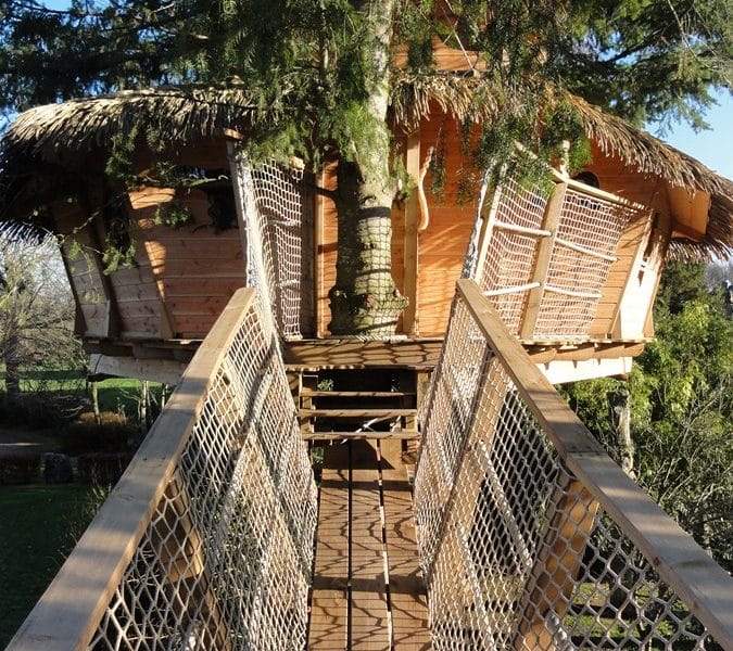 Cabane dans les arbres avec un pont en bois et une vue sur la nature environnante.