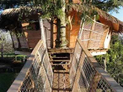 Cabane perchée en Bretagne, accessible par un pont en bois, entourée darbres verdoyants.