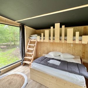 Chalet en bois avec lits superposés et vue sur la nature en Auvergne-Rhône-Alpes.