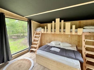 Chalet en bois avec lits superposés et vue sur la nature en Auvergne-Rhône-Alpes.