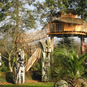 Cabane dans les arbres en Bretagne, entourée de sculptures en bois et verdure luxuriante.