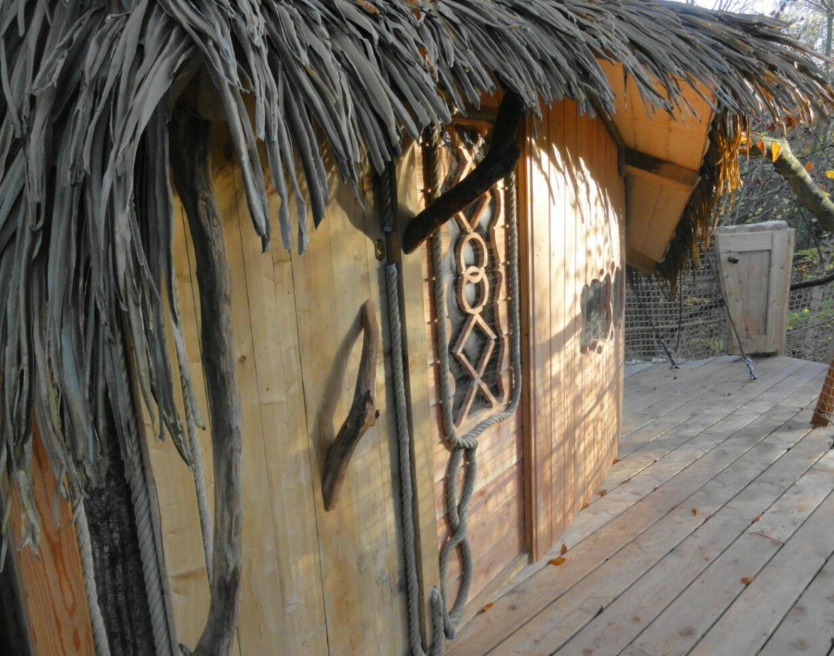 Cabane en bois avec toit de chaume, située en Bretagne, au milieu de la nature.