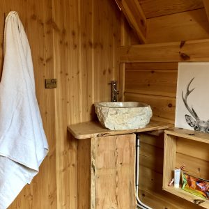 Cabane en bois en Auvergne-Rhône-Alpes avec lavabo en pierre et décoration animalière.