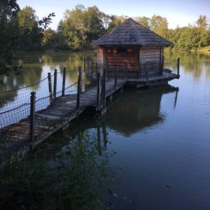 Cabane sur pilotis au bord dun lac, entourée de verdure en Auvergne-Rhône-Alpes.