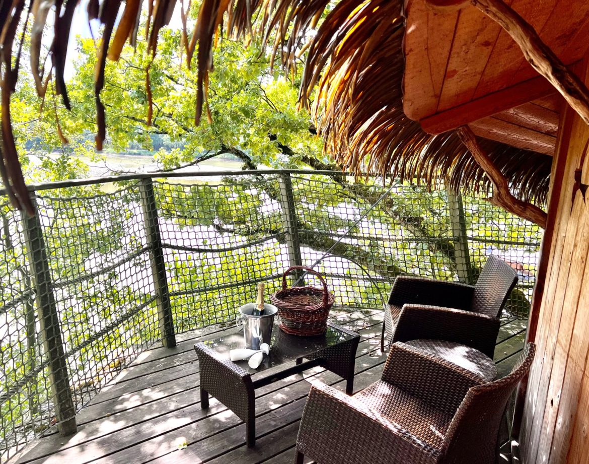 Cabane perchée en Auvergne-Rhône-Alpes avec terrasse en bois et vue sur la nature.