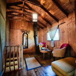 Cabane en bois au Limousin, intérieur chaleureux avec poutres apparentes et mobilier cosy.