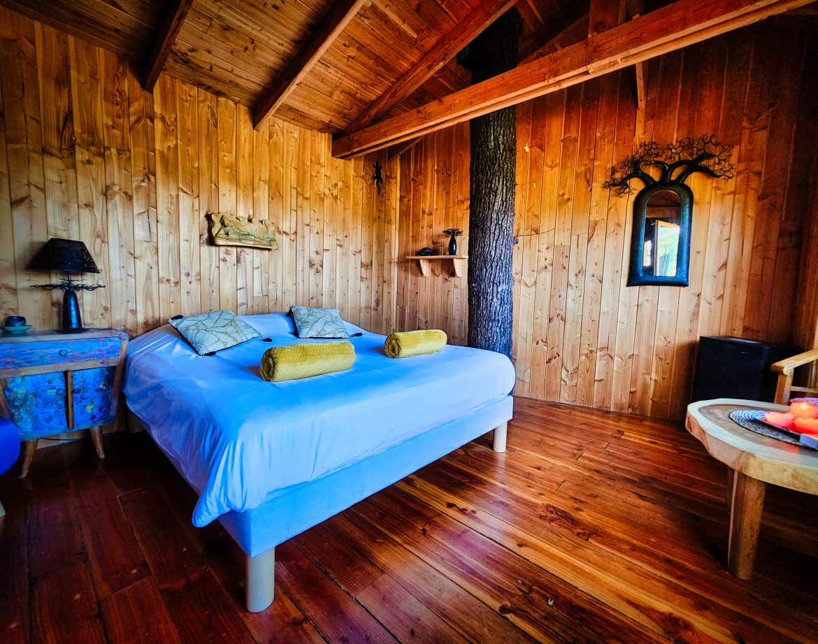 Chalet en bois chaleureux avec lit douillet et décor naturel au Limousin.