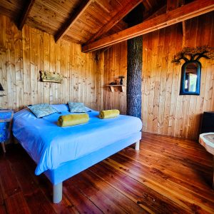 Chalet en bois chaleureux avec lit douillet et décor naturel au Limousin.