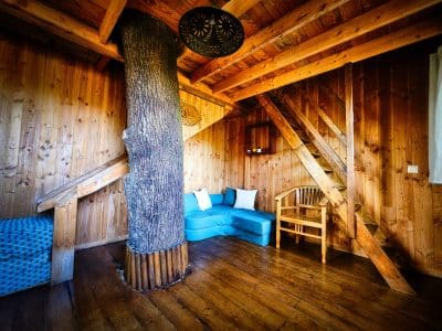 Cabane en bois dans le Limousin, avec un tronc darbre au centre et un coin salon cosy.