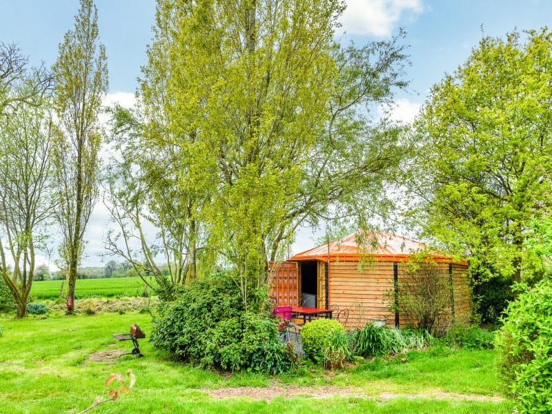 Cabane en bois entourée darbres, idéale pour un séjour insolite en Basse-Normandie.