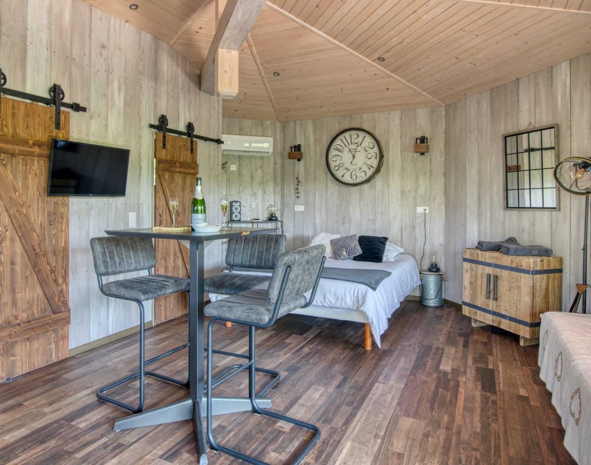 Hébergement insolite en bois à Languedoc-Roussillon, intérieur moderne et chaleureux.