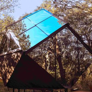 Cabane moderne en bois avec un toit en verre, nichée parmi les arbres.