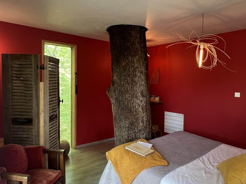 Hébergement insolite en Bourgogne : chambre avec un arbre au centre et murs rouges.
