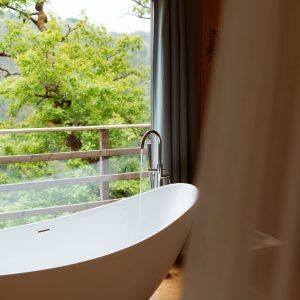 Bain en pleine nature dans un hébergement insolite au Limousin, vue sur la verdure.