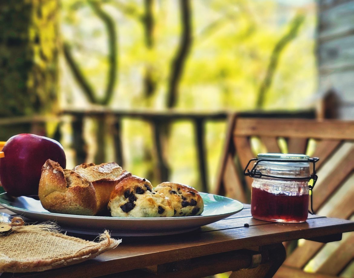 Hébergement insolite en Limousin : petit-déjeuner gourmand sur une terrasse boisée.