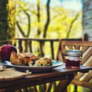 Hébergement insolite en Limousin : petit-déjeuner gourmand sur une terrasse boisée.