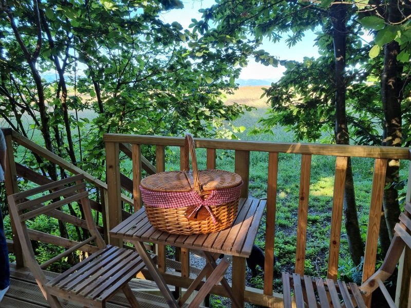Cabane en bois avec une vue dégagée, panier pique-nique sur la table.
