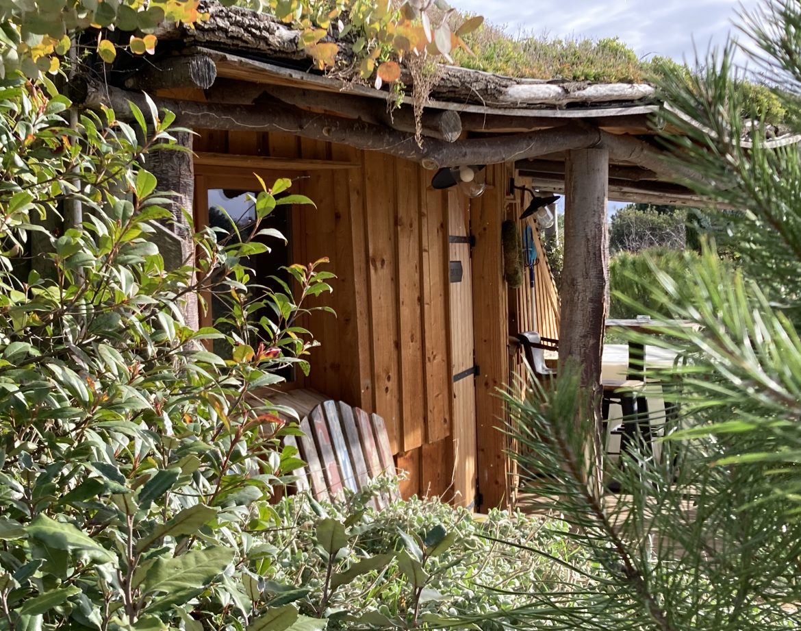 Cabane en bois avec toit végétal, entourée de verdure dans le Languedoc-Roussillon.