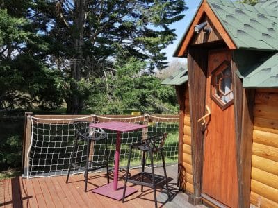 Cabane en bois avec terrasse et mobilier moderne, entourée de verdure.