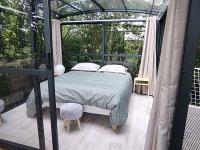 Chambre en verre suspendue, entourée de verdure, offrant une vue apaisante sur la nature.